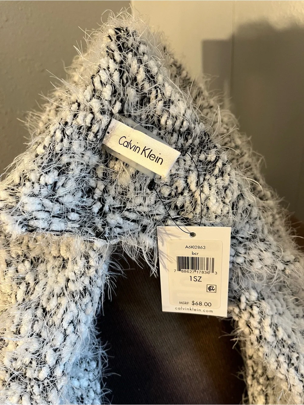 Calvin Klein White and Black Fuzzy Infinity Scarf